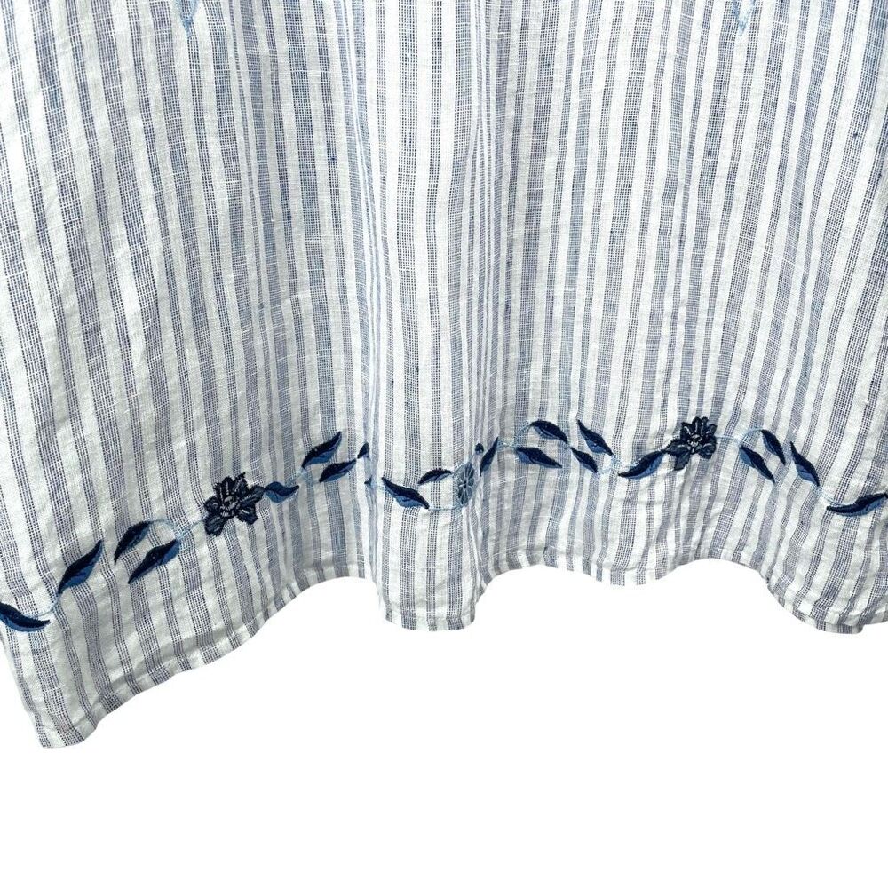 J. Jill 100% linen embroidered floral striped popover shirt top size M blue - Picture 5 of 8